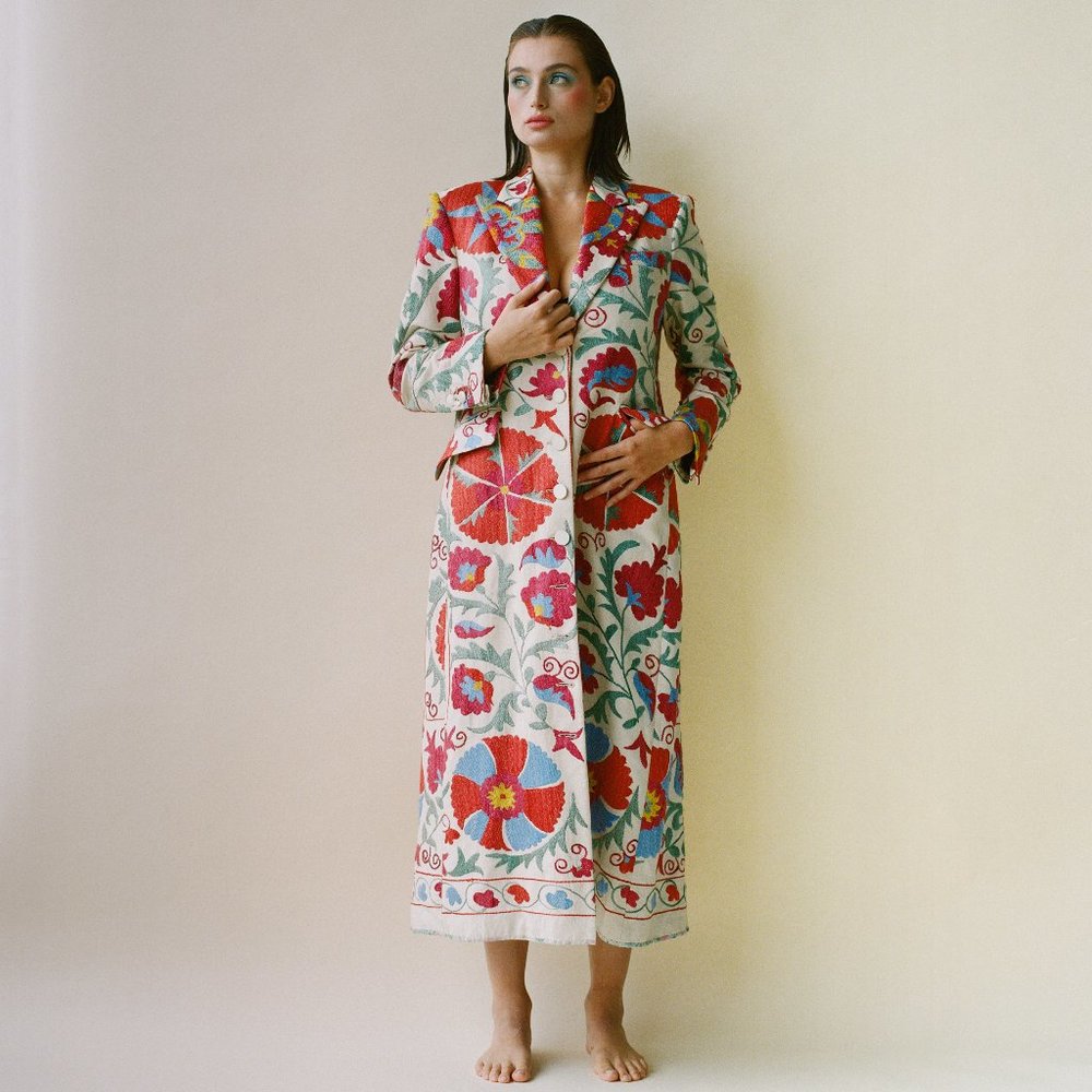 Unique handmade maxi coat made with traditional hand-embroidered Pakistan fabric